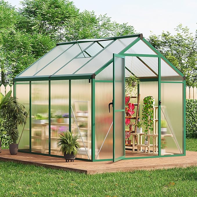 6X8 FT Outdoor Polycarbonate Greenhouse Sturdy Aluminum Frame Adjustable Roof Vent Ideal for Backyard Patio or Garden All-Weather Green House for Growing Plants and Vegetables