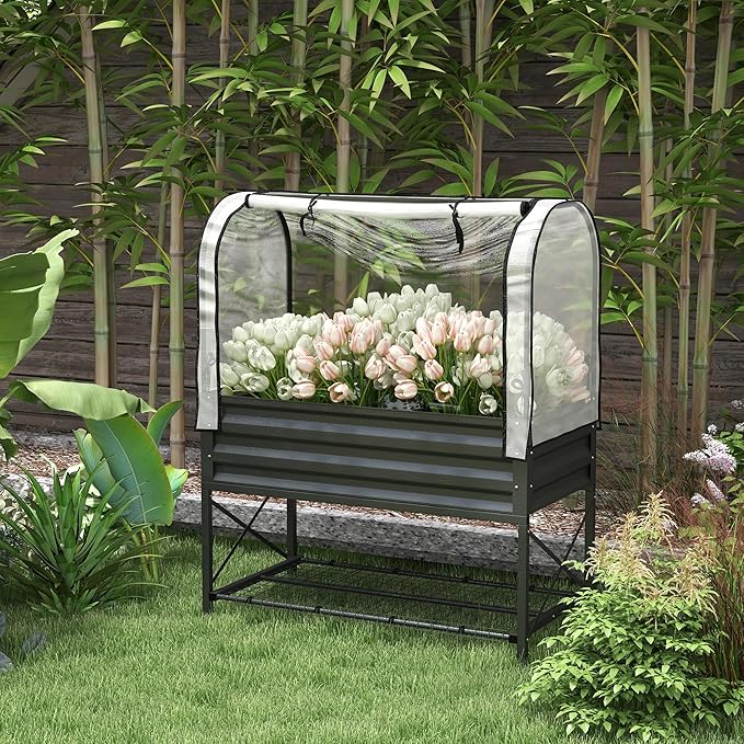 Outsunny Raised Garden Bed with Cover and Storage Shelf Rectangular Metal Elevated Planter Box with Legs and Bed Liner for Vegetables Flowers Herbs Black