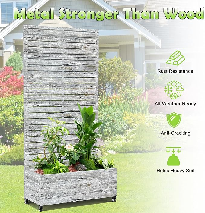 15.7×70.9×35.4 Metal Raised Garden Bed with Trellis and Wheels - Tall Trellis Planter Box for Climbing Plants Vegetables &amp Vines - Outdoor Privacy Planters for Patio (White Oak Grain)