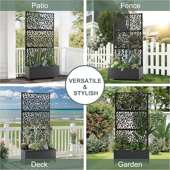 Metal Planter Box with Trellis and Wheels 35 L×16 W×71 H Outdoor Raised Beds with Privacy Screen Drainage Holes for Climbing Plants (Black Leaf)