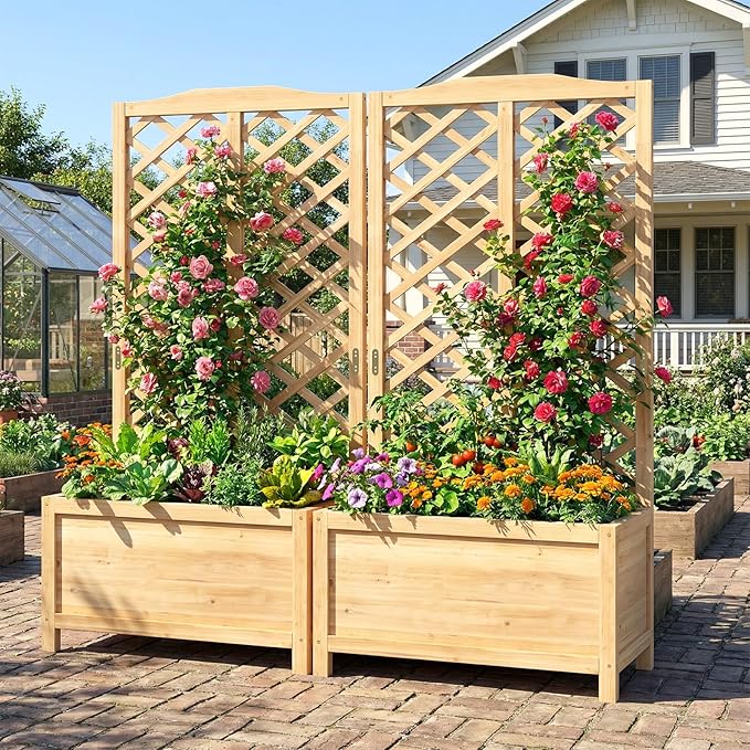 DoCred 2PCS 30 L x 16 W x 59 H Raised Garden Bed Freestanding Elevated Planter Box with Trellis for Climbing Plants Outdoor Wooden Privacy Screen with Garden Box for Backyard Patio Balcony Decor