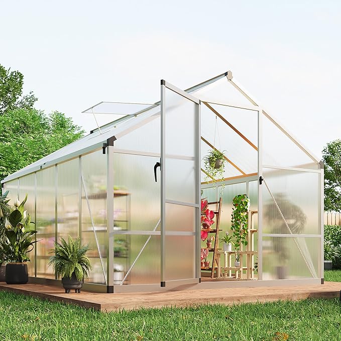 8X10 FT Outdoor Polycarbonate Greenhouse Sturdy Aluminum Frame Adjustable Roof Vent Ideal for Backyard Patio or Garden All-Weather Green House for Growing Plants and Vegetables