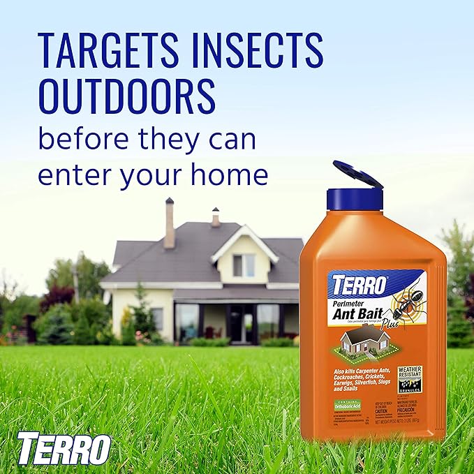 TERRO T2600 Perimeter Outdoor Ant Bait Plus - Attracts and Kills Carpenter Ants Roaches Crickets Earwigs Silverfish Slugs and Snails - 2 Pack 4Lbs