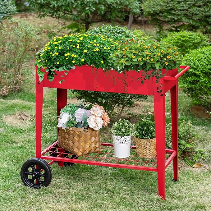 Sophia &amp William Planter Raised Beds with Legs and Wheels Outdoor Metal Planter Box Elevated Garden Bed with Lower Shelf for Vegetables Flower Herb Red