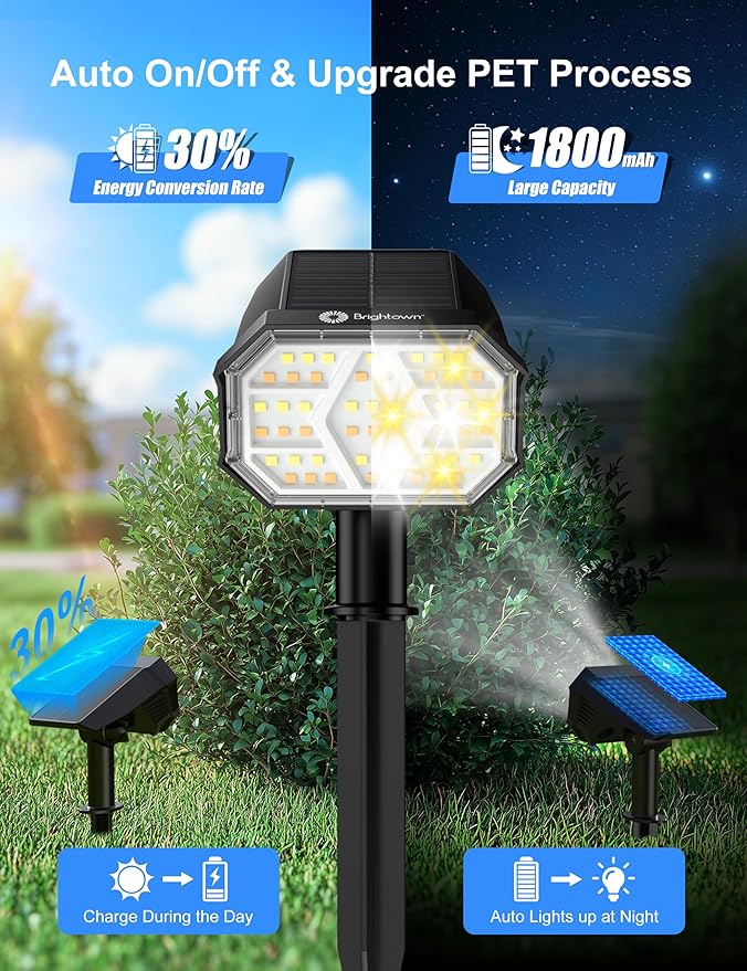 Brightown 4Pack Solar Spot Lights Outdoor [Cool &amp Warm Light 2-in-1] IP67 Solar Lights Outdoor Waterproof with 1800mAh Two Mounting Methods Outdoor Solar Lights for Yard Garden and Pathway
