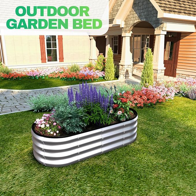 4x2x1 ft Oval Galvanized Metal Raised Garden Beds Thickened Rust-Proof Flower Beds Outdoor Plant Planter Boxes(Silver 2PCS)