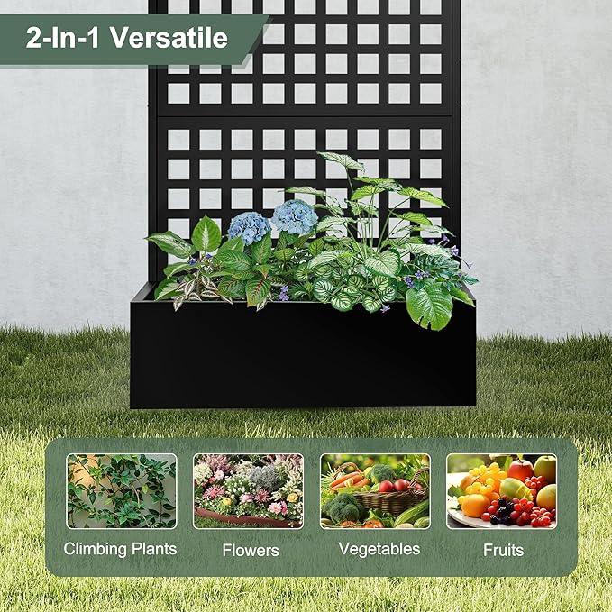 Metal Planter Box with Trellis Raised Garden Bed for Climbing PlantsPrivacy Screen with Garden BoxesDrainage Hole for Vegetables Flowers Vines (35 L×16 W×71 H Black)