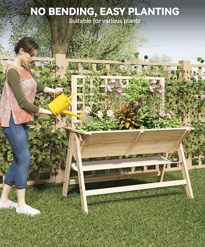 2-in-1 Wooden Raised Garden Bed with Trellis - Outdoor Planter Box for Climbing Plants Vegetables and Flowers