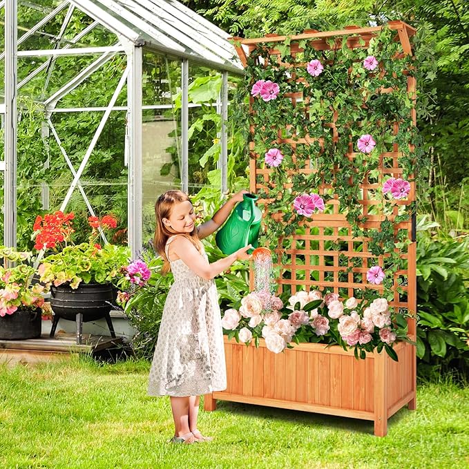 MAT EXPERT Raised Garden Bed with Trellis Lattice Panel with Hanging Roof Drainage Hole Planter Box for Flower Vine Elevated Outdoor Planter for Garden (2 35.5” x 17.5” x 72.5” (L x W x H))