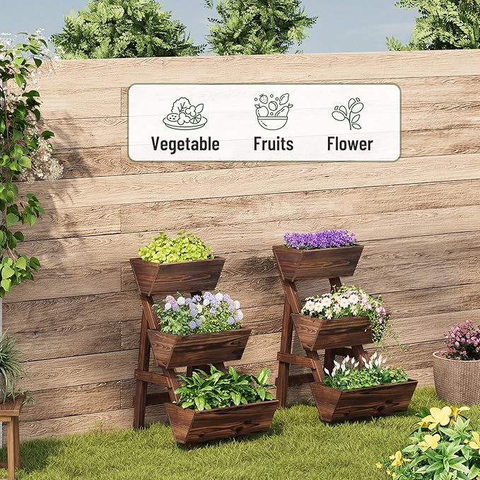 Vertical Wooden Raised Garden Bed Garden Planters Freestanding Wood Plant Stand Flower Rack Wooden Planter Box for Plants Herbs Flowers Vegetables Outdoor Indoor Gardening (3-Tier Small Carbonized)