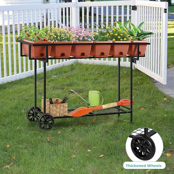 YBING Elevated Garden Bed with Wheels Outdoor 42x17x30in Elevated Raised Planter Box Stand 6 Pocket Herb Garden Planter with Storage Shelf for Balcony Patio Red