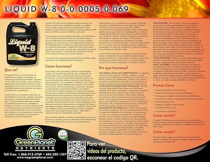 Green Planet Nutrients - LIQUID W-8 (4 Liters) | Complex Blend of Organic Enzyme Activators Vitamins Essential Amino Acids and Unique Carbohydrates - Maximize Your Plants Yield During Flowering!