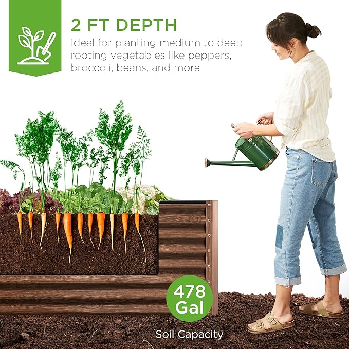 Best Choice Products 8x4x2ft Outdoor Metal Raised Garden Bed Deep Root Planter Box for Vegetables Herbs &amp Flowers 478-Gallon Capacity 100% Non Toxic Materials - Dark Brown Wood Grain