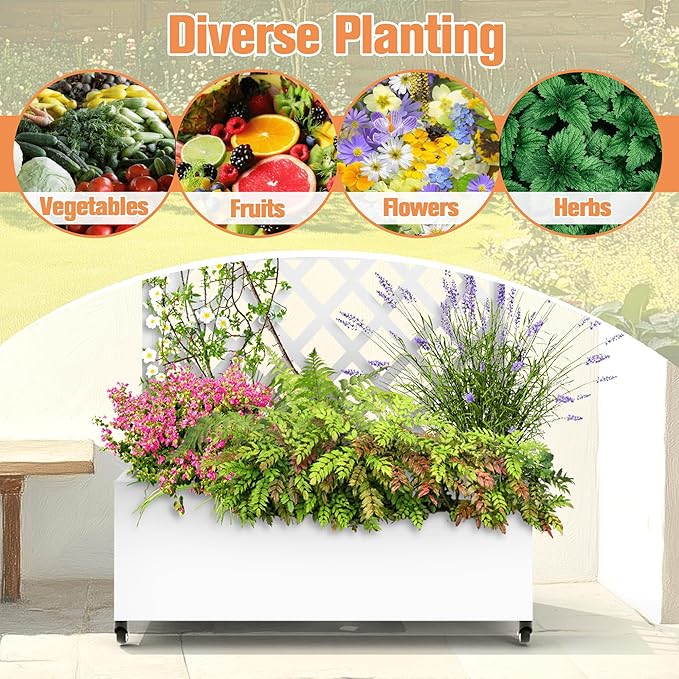 Metal Raised Garden Bed with Diamond Lattice Trellis Outdoor Planter Box for Climbing Plants Vegetables Vines Galvanized Garden Box with Drainage Holes and Wheels White (35.4L x 16.7W x 73.2H)