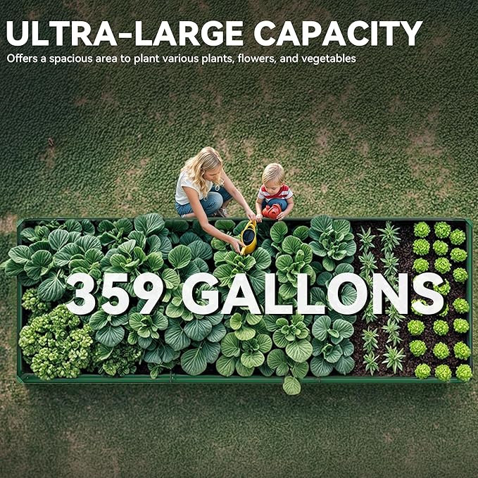 YITAHOME 144x48x12 in Galvanized Raised Garden Bed Kit Large Metal Planter Box with Gloves Safety Rubber &amp Support Rod Outdoor Flower Bed for Plants Vegetables Green