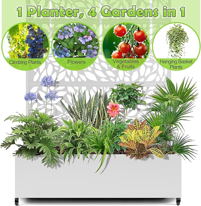 15.7×70.9×47.2 Metal Raised Garden Bed with Trellis and Wheels - Tall Trellis Planter Box for Climbing Plants Vegetables &amp Vines - Outdoor Privacy Planters for Patio (White)
