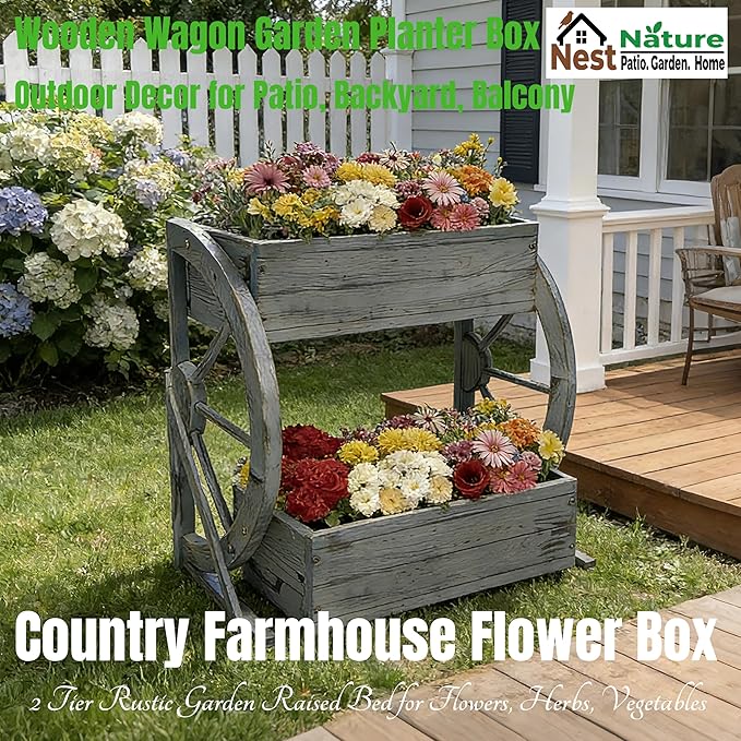 Wooden Wagon Garden Planter Box with Wheels-Indoor/Outdoor Decor for Patio Backyard Balcony-Country Farmhouse Flower Box-2 Tier Rustic Garden Raised Bed for Flowers Herbs Vegetables