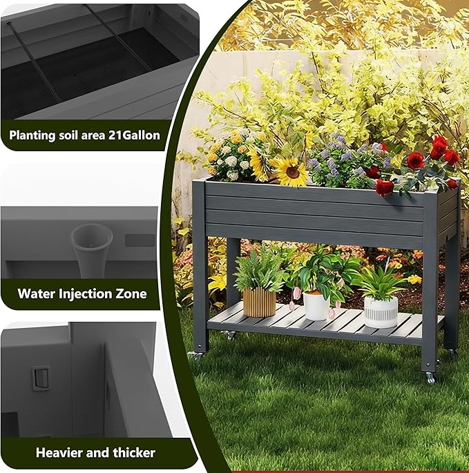 Elevated Raised Garden Bed with Legs 33.66 Tall Self-Watering Resin Outdoor Planter Box with Storage Shelf Drain Plug Water &amp Monitor for Plants Vegetables Flowers Fruits (Black)