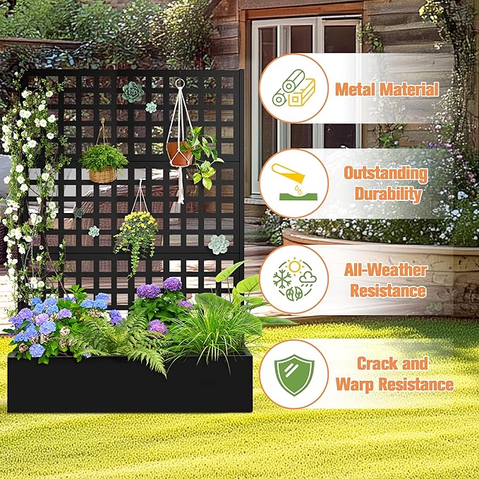 Metal Planter Box with Trellis &amp Wheels Raised Garden Bed with Privacy Screen Outdoor Standing Flower Beds with Drainage Hole for Climbing Plants Vine 47 Lx16 Wx71 H