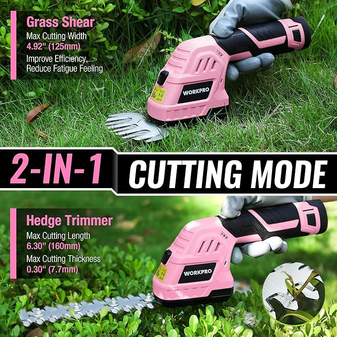WORKPRO 7-Piece Pink Garden Tool Set Stainless Steel Gardening Tools with Wood Handle &amp 2 in 1 Handheld Hedge Trimmer