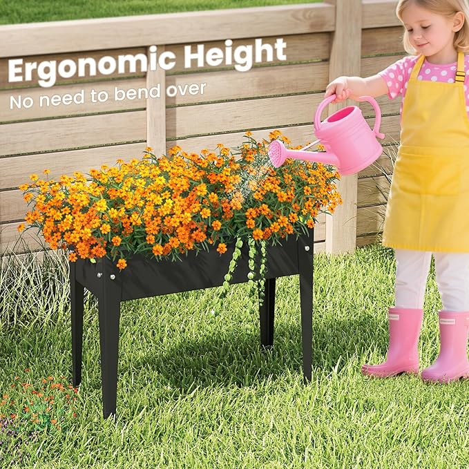Raised Garden Bed with Legs 24 x 11 x 18 Inch Metal Elevated Planter Box w/Drainage Holes for Flowers Herbs Standing Raised Planter Bed for Indoor Outdoor Balcony Patio Backyard (1 Black)