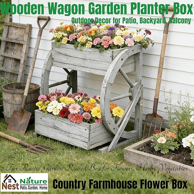 Wooden Wagon Garden Planter Box with Wheels-Indoor/Outdoor Decor for Patio Backyard Balcony-Country Farmhouse Flower Box-2 Tier Rustic Garden Raised Bed for Flowers Herbs Vegetables