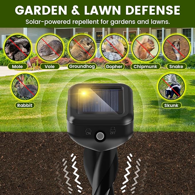 2026 Upgraded Mole &amp Snake &amp Skunk &amp Rabbit Repellent Solar Powered Ultrasonic Deterrent IP65 Waterproof Effective Get Rid of Gopher Raccoon Vole Groundhog Chipmunk for Yard Lawn Garden