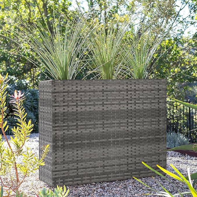 LEWIS&ampWAYNE Tall Planters for Outdoor Plants Handmade Wicker Large Rectangular Block Planter Box with Removable Liners Modern Planter for Indoor Outdoor Patio Deck - Gray