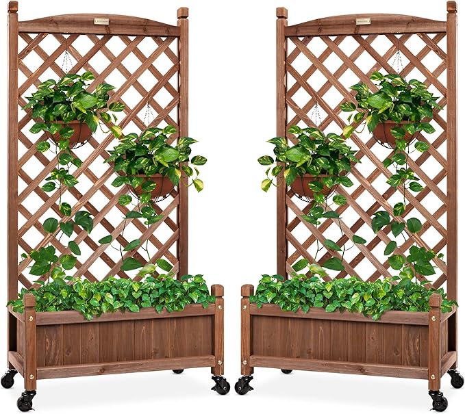 Best Choice Products Set of 2 48in Wood Planter Box &amp Diamond Lattice Trellis Mobile Outdoor Raised Garden Bed for Climbing Plants w/Drainage Holes Optional Wheels - Walnut