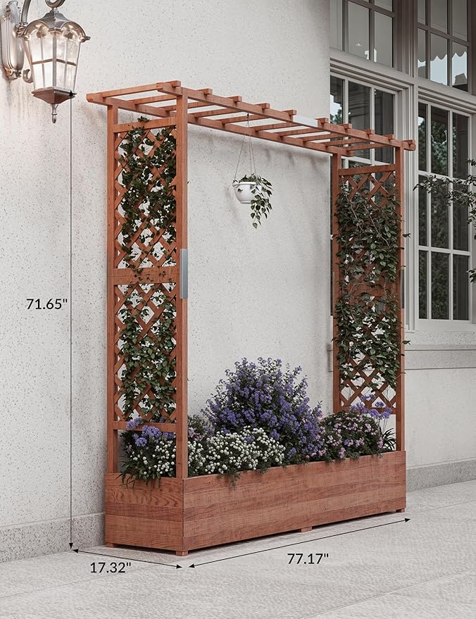 Raised Garden Bed with Trellis – 72 in Tall Elevated Wood Planter Box with Side Supports Hanging Canopy &amp 4 Drainage Holes – Freestanding for Climbing Plants Vines Flowers &amp Vegetables