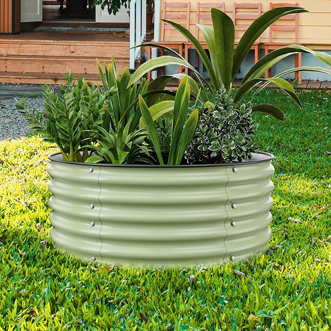 Round Raised Garden Bed Kit 3.5x3.5x1.4Ft Outdoor Zinc-Aluminum-Magnesium Metal Flower Beds Stainless Steel Patio Ground Planter for Planting Vegetables (Light Green)