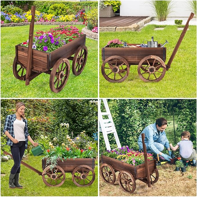 COSTWAY Wood Wagon Flower Planter Pot Stand with Wheels for Home Garden Indoor Outdoor Decor