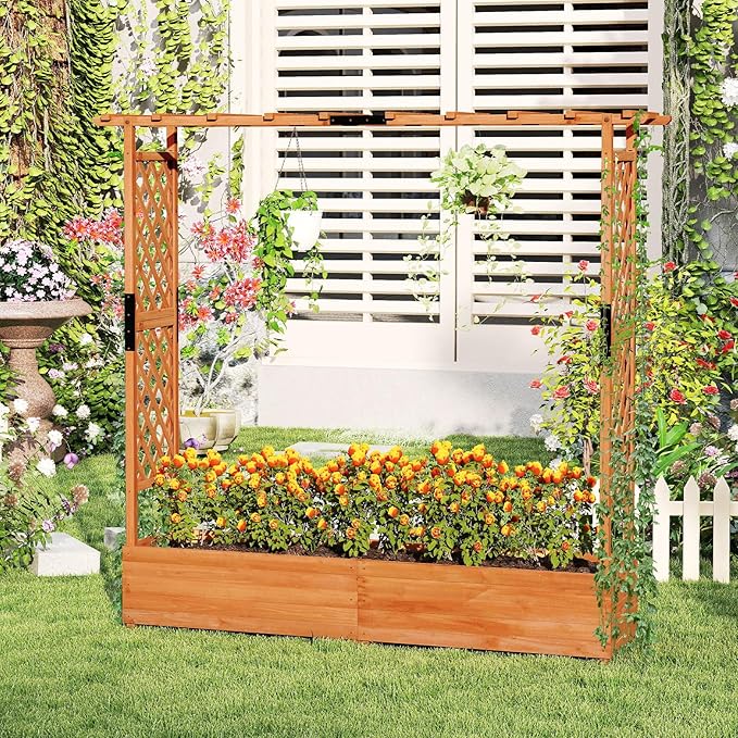 S AFSTAR 2 Pieces Raised Garden Beds with Arch Trellis Hanging Roof &amp Drainage Holes 77-Inch Vertical Plant Container for Vine Climbing Plant Flower Outdoor Wood Elevated Planter Box for Garden
