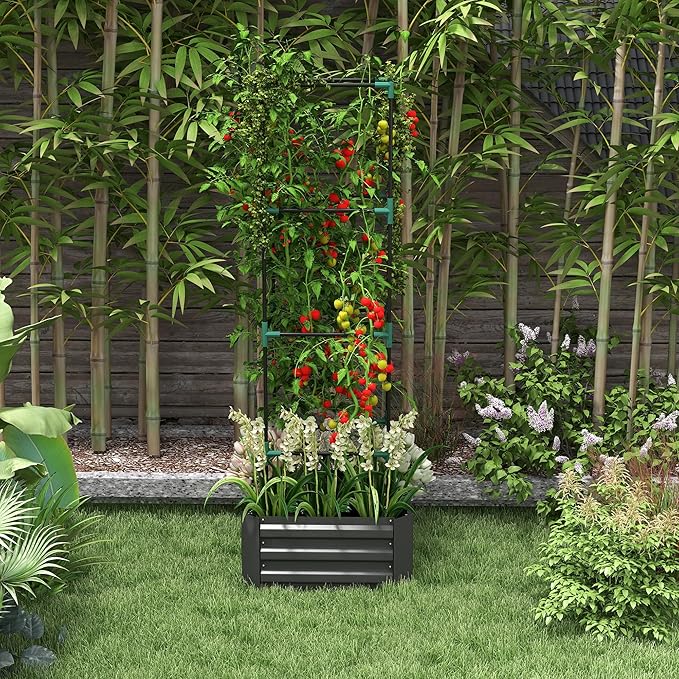 Outsunny Galvanized Raised Garden Bed 73.5 Tall Outdoor Planter Box with Trellis Tomato Cage and Open Bottom for Climbing Vines Vegetables Flowers in Backyard Garden Patio Dark Gray