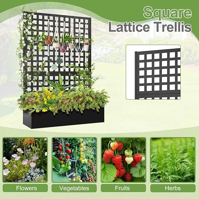 Metal Raised Garden Bed Trellis Planters Bed with Drainage Holes for Climbing Plants Vegetables Outdoor Privacy Screen with Planter Box 73x47x16 Black