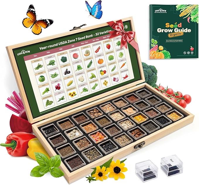 Lush&ampDew Year-Round USDA Zone 7 Seed Bank Gift for Mom Dad 32 Varieties Non-GMO Heirloom Seeds of Vegetables Flowers Gardening Gifts for Women Men Survival Kit for Raised Garden Bed Greenhouse
