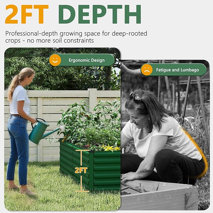 FOOWIN 2pcs 8x4x2ft Galvanized Raised Garden Bed Planter Raised Garden Boxes Outdoor Large Metal Raised Beds for Gardening Garden Bed for Vegetables Flowers Herb478 Gallon Capacity Green