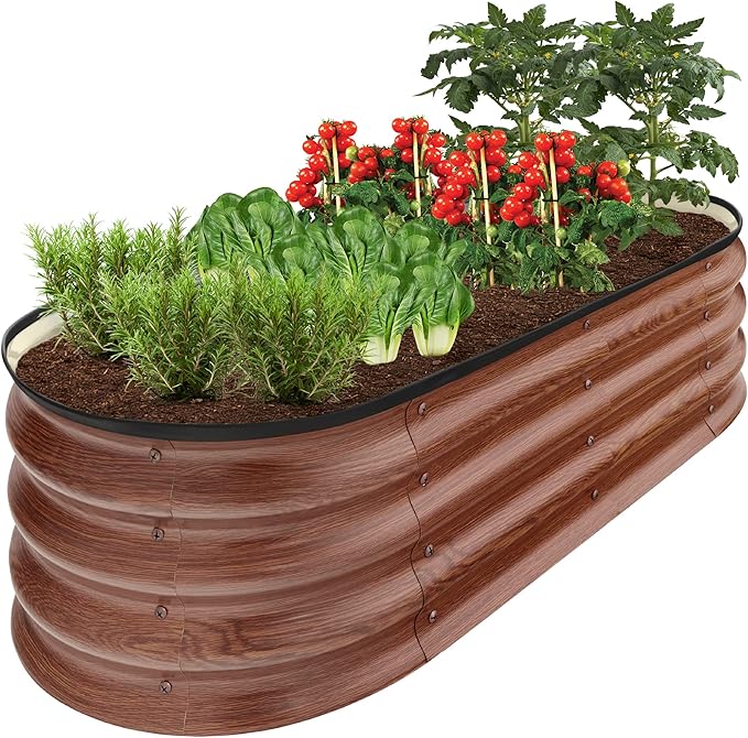 Best Choice Products 4x2x1ft Outdoor Metal Raised Garden Bed Oval Deep Root Planter Box for Vegetables Flowers Herbs and Succulents w/ 51 Gallon Capacity Rubber Edge Guard - Wood Grain