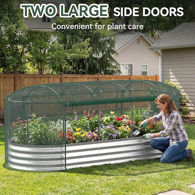 Raised Garden Bed with Self-Watering System 8x3x1 ft Elevated Planter Boxes Outdoor with Mesh Cover Oval Galvanized Raised Beds for GardeningVegetablesFlowers Backyard Patio