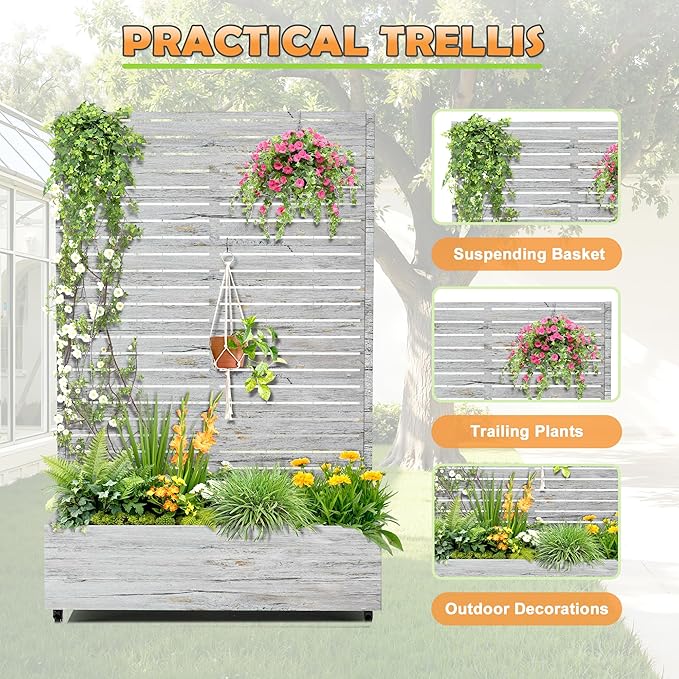 Metal Raised Garden Bed with Trellis 2-in-1 Planter Box &amp Privacy Screen for Climbing Plants Outdoor Standing Flower Bed with Drainage Holes 47.2 L x 16.7 W x 70.8 H White Oak Grain