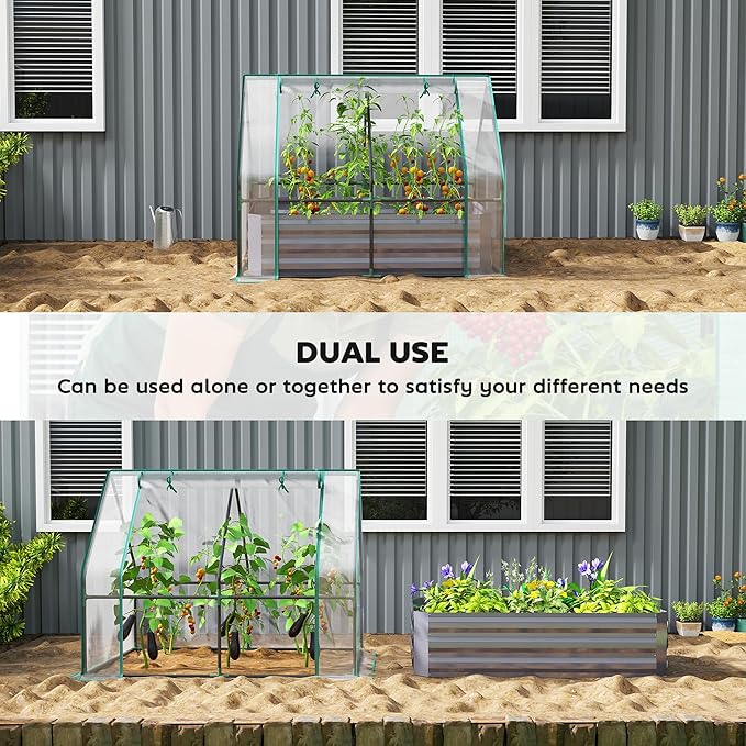 Outsunny 4 x 3 x 3ft Raised Garden Bed with Mini Greenhouse Galvanized Raised Garden Bed with Cover for Herbs and Vegetables Small Greenhouse for Patio Garden Balcony Clear and Dark Gray