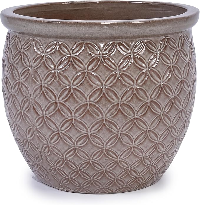 Handmade Glazed Ceramic Planter Set of 3 15139 Inch Diameter Ring Pattern for Monstera and Fiddle Leaf Fig Outdoor G Indoor Staircase Use Breathable Clay Beige