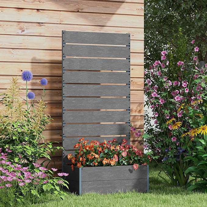 Tomato Planter Box with Support Trellis 59 Inch Tall Raised Garden Bed for Climbing Vegetables Outdoor Planter with Drainage Holes for Patio Gray
