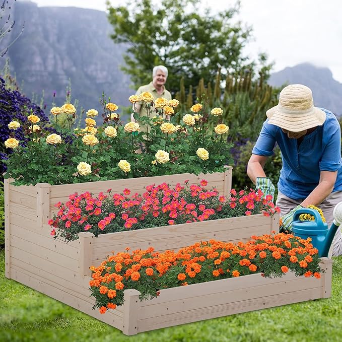 FDW 3 Tier Raised Garden Bed Outdoor Wooden Planter Box 48x48x29 ft Wood Elevated Planter Box with Divided Sections Open-Ended Base for Vegetables Flowers Herbs Plants