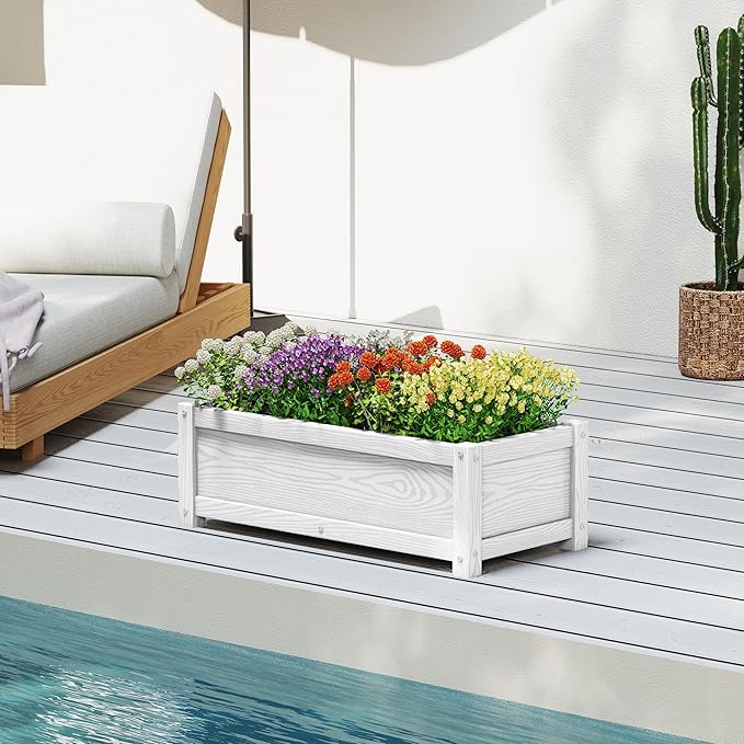 HDPE Planter Box All-Weather Outdoor Garden Bed Easy to Assemble Drainage System Low Maintenance Non-Fading for Flower/Herb/Seed (White)