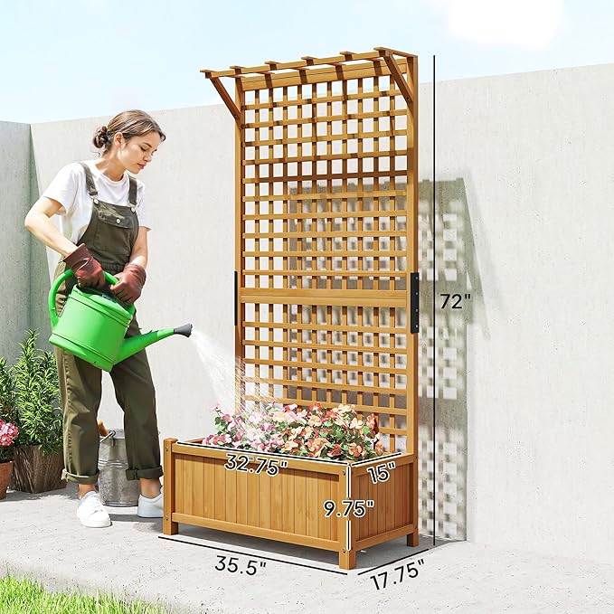 Outsunny Wood Planter with Trellis Raised Garden Bed for Climbing Plants w/Drainage Holes and Roof 35.5 x 17.75 x 72 Yellow