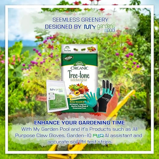 Espoma TR18 Organic Tree-Tone 6-3-2 18 lb. Bag with My Garden Pool PH Soil Test Strips 20 ct and My Garden Pool Superior Gardening Claw Gloves and Garden-IQ Smart Gardening AI Assistant!