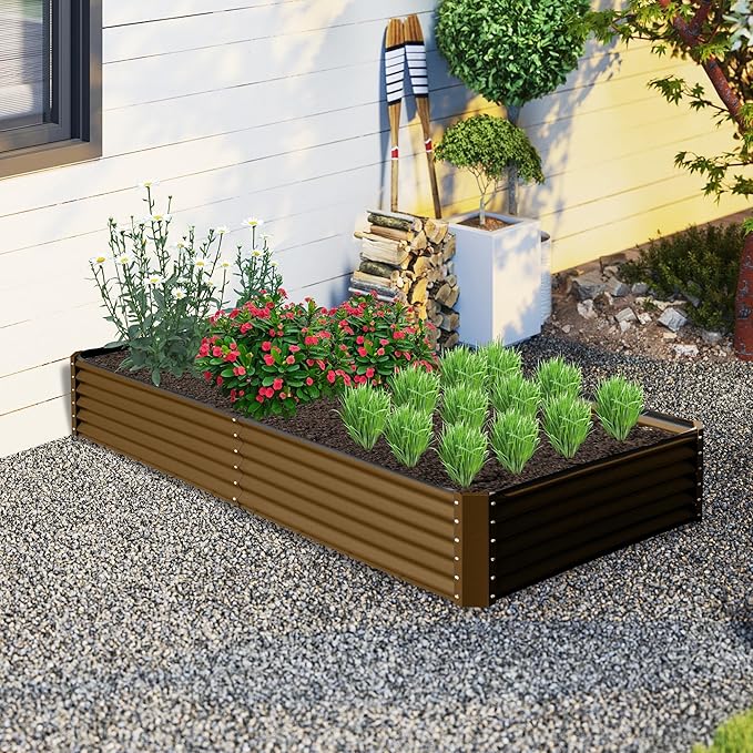 Domi 8x4x1.5ft Metal Raised Garden Beds Outdoor Thickened Galvanized Steel Deep Root Planter Box with Stabilizing Bars &amp Rubber Edging for Vegetables Flowers Herbs - Brown
