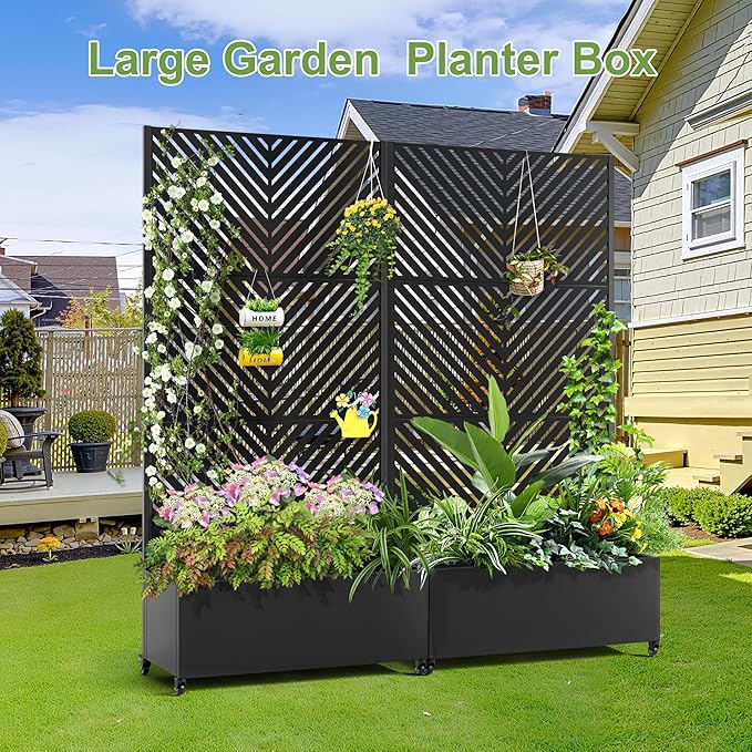 Raised Garden Bed with Trellis and Wheels73x35x16 Metal Raised Garden BedBlack Parallel Metal Planter with Climbing Trellis for Vines &amp Vegetables