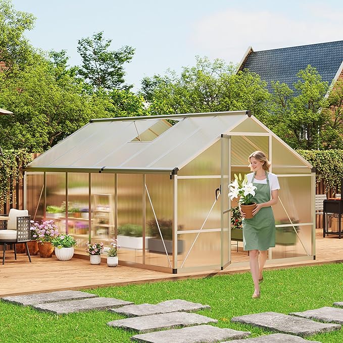 8x12 FT Greenhouse Greenhouses for Outside Polycarbonate Greenhouse with Aluminum Frame Lockable Door and Ajustable Roof Vent for Backyard Green Houses for Outside Garden Backyard Patio